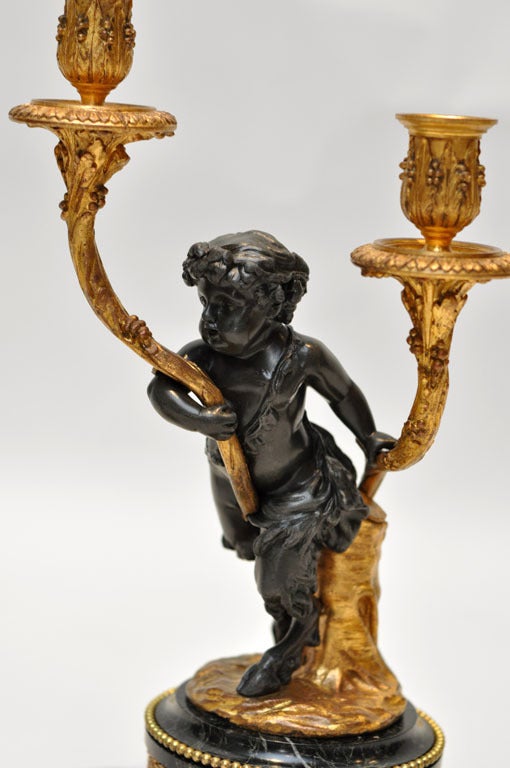 19th Century French Bronze Candelabras Infant Bacchus & Satyr after Michel Claude Clodion For Sale