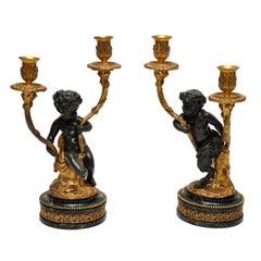 Antique French Bronze Candelabras Infant Bacchus & Satyr after Michel Claude Clodion