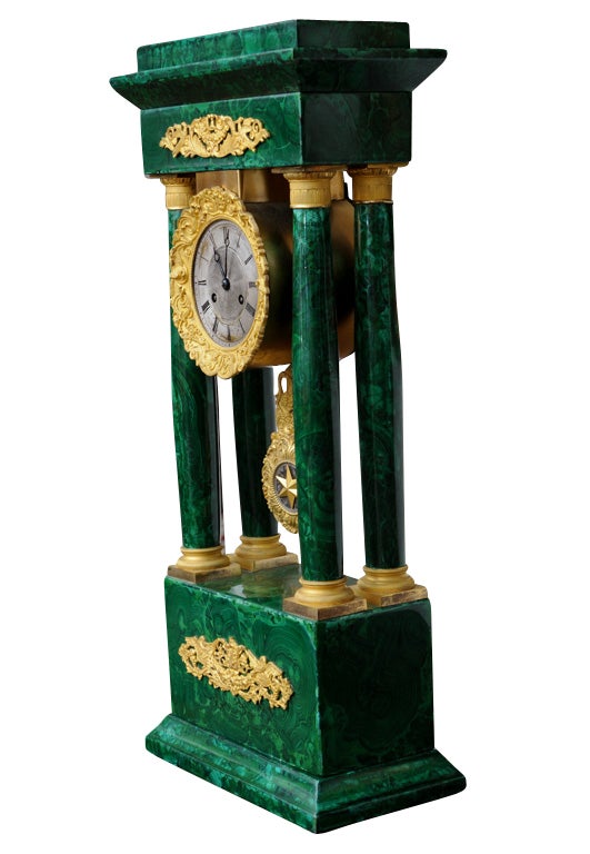 French Empire Columned Malachite Mantel Clock, with Ormolu, 19th century For Sale 2
