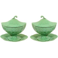 A Pair of Green Creamware Sauce Tureens with Oak Leaf Design