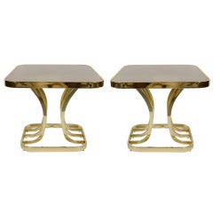 Pair of Modernist Brass End Tables with Waterfall Base Design
