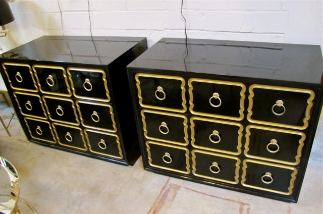 Pair of Dorothy Draper Black Lacquer Espana Dressers by Heritage 3