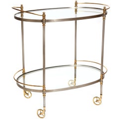Vintage Maison Jansen Style Brushed Steel and Brass Bar Cart