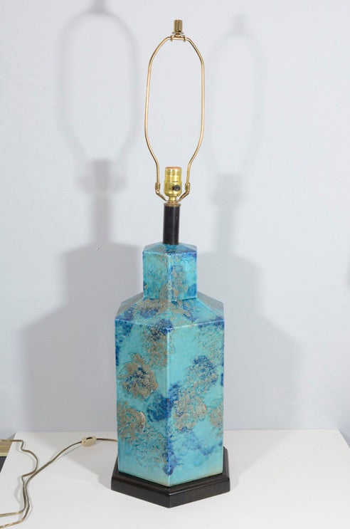 Store closing-- last day is 7/31. Offers welcome! Mid-century Italian ceramic lamp in elegant blue glaze with mottled highlights.  Comes with original custom silk shade.