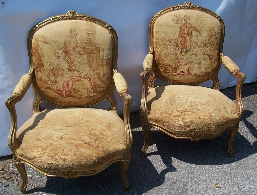 Pair of giltwood fauteuil, armchair w/ Aubusson style tapestry 3