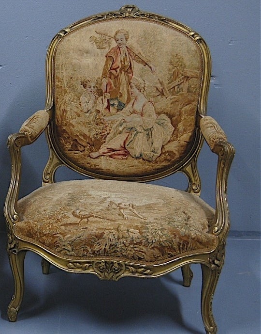 French Pair of giltwood fauteuil, armchair w/ Aubusson style tapestry