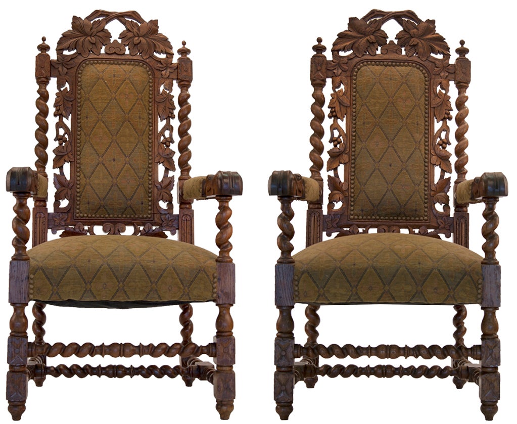Green diamond crushed tapestry adorns the turned wood Italian Renaissance style chairs with nailhead trim, from the 1800s.