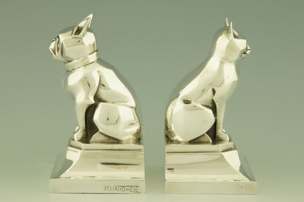 Bronze Art Deco Bookends French Bulldog and Cat by H. Vandaele.