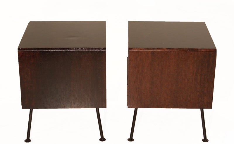 Mid-20th Century Pair of oak & iron nightstands by Raymond Loewly for Mengel Co.