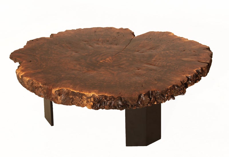 A beautiful solid, live edge Walnut Burl tree round coffee table by Thomas Hayes Studio. The 3