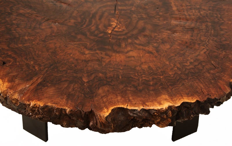 Custom Walnut Burl coffee table with angular metal base by Thomas Hayes Studio In Excellent Condition In Hollywood, CA