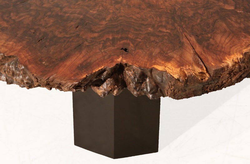 Custom Walnut Burl coffee table with angular metal base by Thomas Hayes Studio 1
