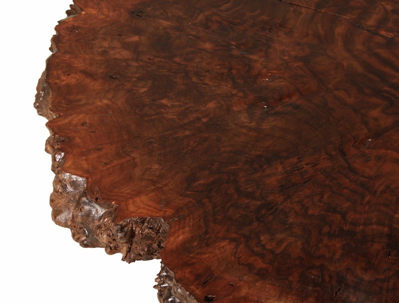 Custom Walnut Burl coffee table with angular metal base by Thomas Hayes Studio 3
