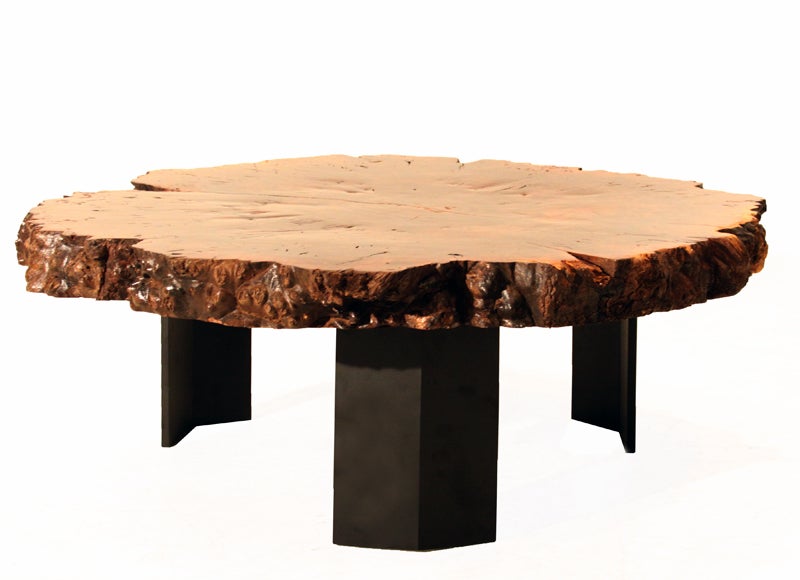 Custom Walnut Burl coffee table with angular metal base by Thomas Hayes Studio 4