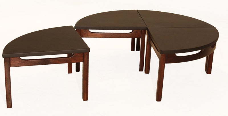 American Black Leather Circular Carved Walnut Base Coffee Table in Four Parts For Sale