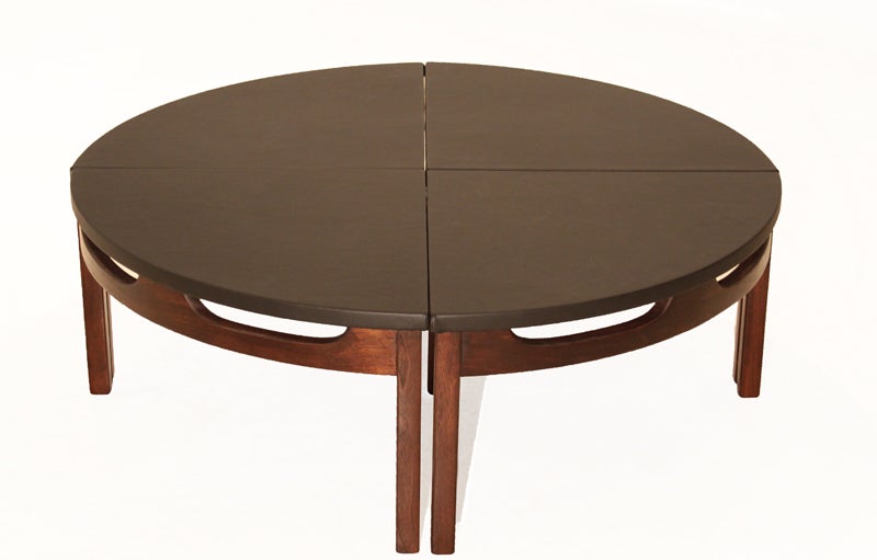 Black Leather Circular Carved Walnut Base Coffee Table in Four Parts In Good Condition For Sale In Los Angeles, CA
