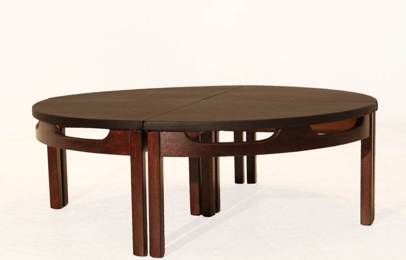 Mid-20th Century Black Leather Circular Carved Walnut Base Coffee Table in Four Parts For Sale