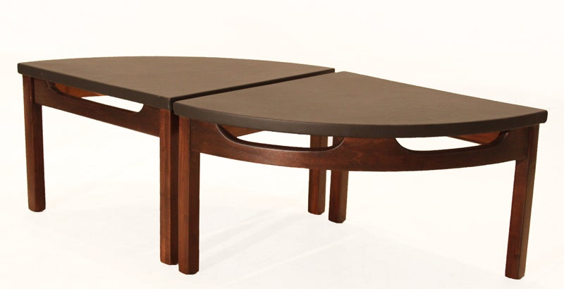 Black Leather Circular Carved Walnut Base Coffee Table in Four Parts For Sale 2