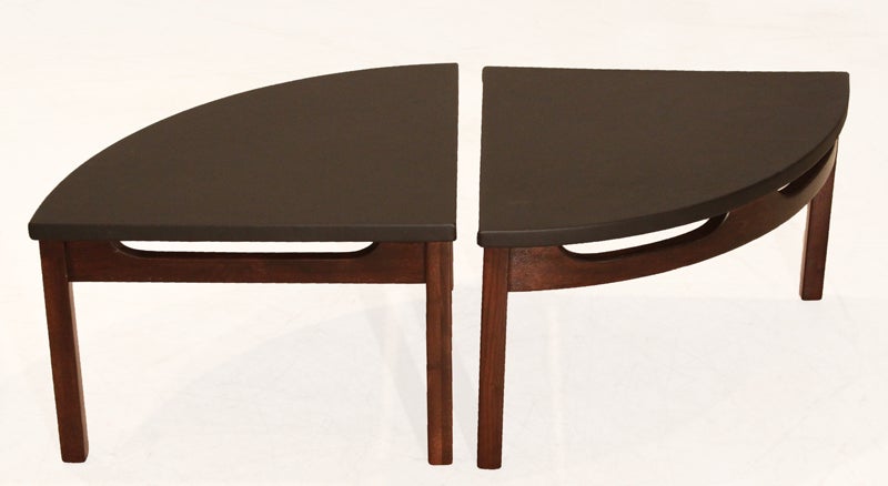 Black Leather Circular Carved Walnut Base Coffee Table in Four Parts For Sale 4