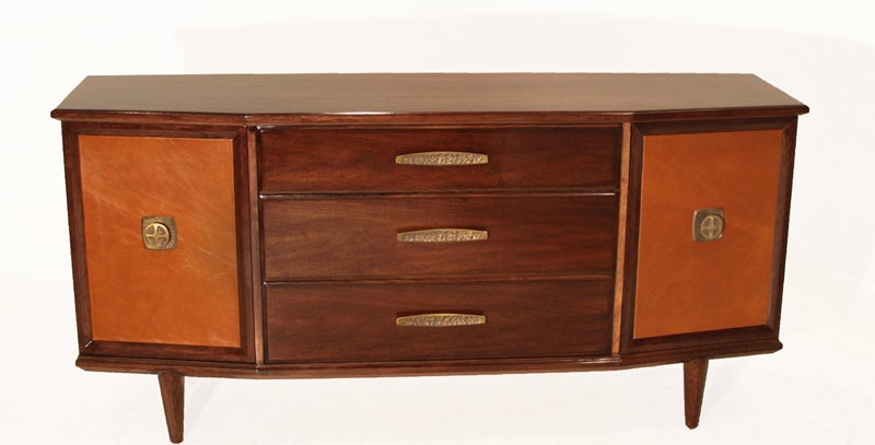 American Angular Walnut Buffet with Bronze Details and Leather Doors For Sale