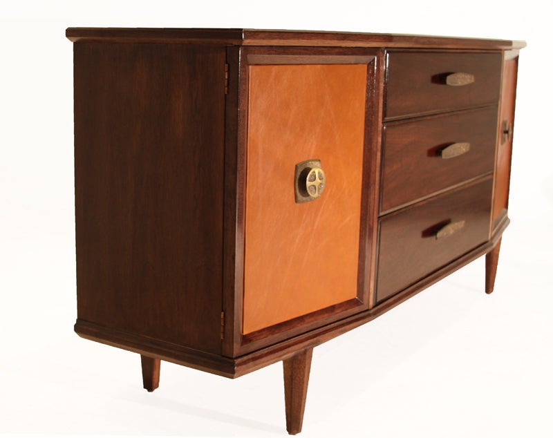 Angular Walnut Buffet with Bronze Details and Leather Doors In Good Condition For Sale In Los Angeles, CA