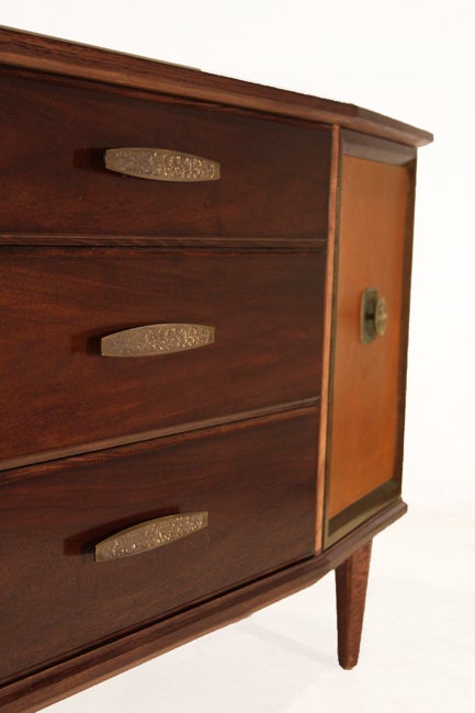 Mid-20th Century Angular Walnut Buffet with Bronze Details and Leather Doors For Sale