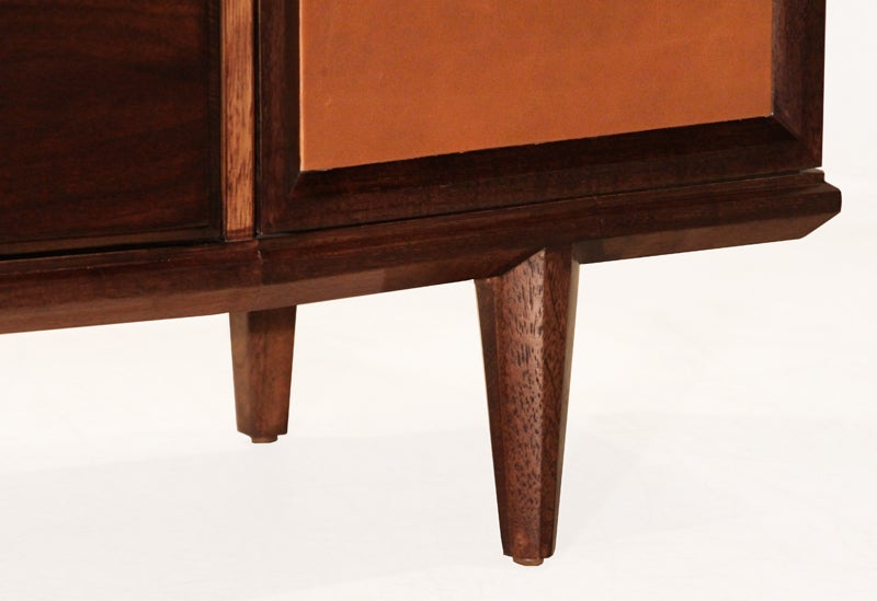 Angular Walnut Buffet with Bronze Details and Leather Doors For Sale 4