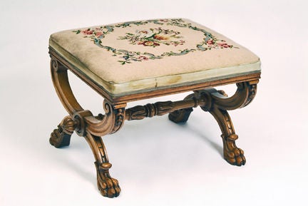 Irish Carved Oak X-Framed Bench with Needlepoint