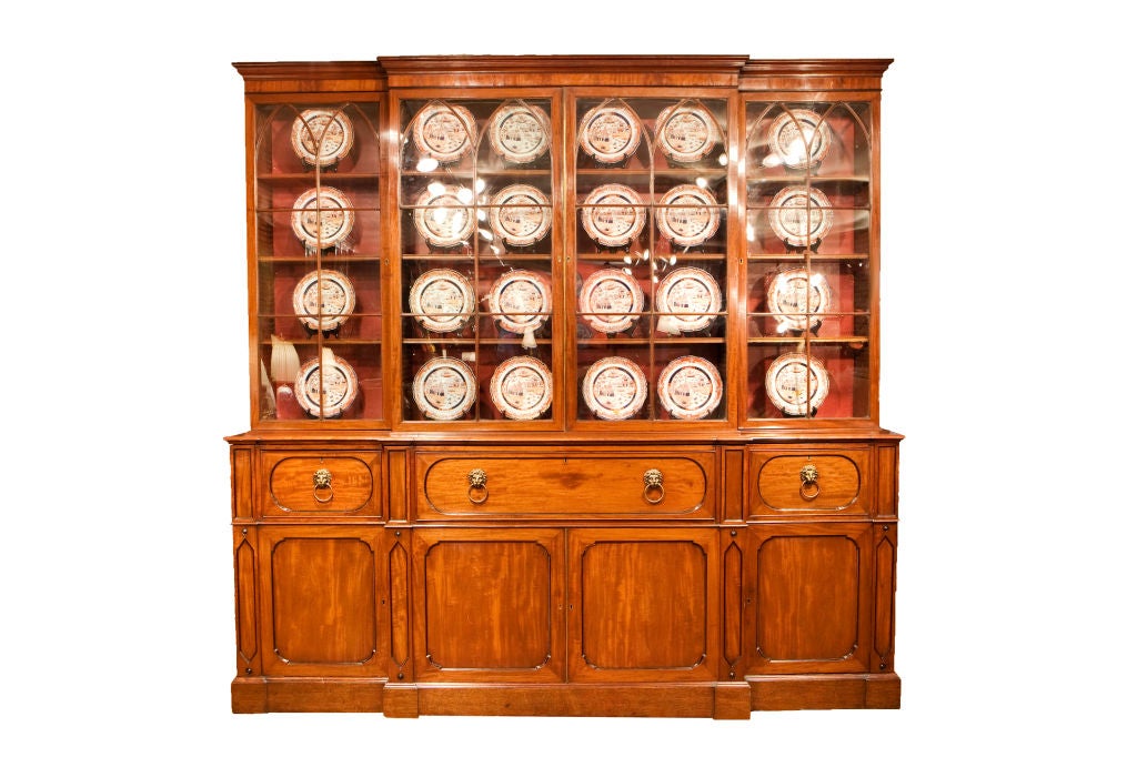 Georgian mahogany secretaire breakfront bookcase. Retaining original locks and hardware. Circa 1830.