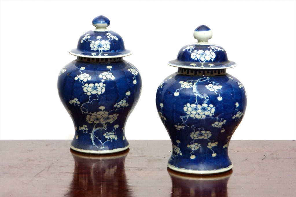 Pair of 19th Century Blue & White Temple Jars with lids and Hawthorne Decoration.