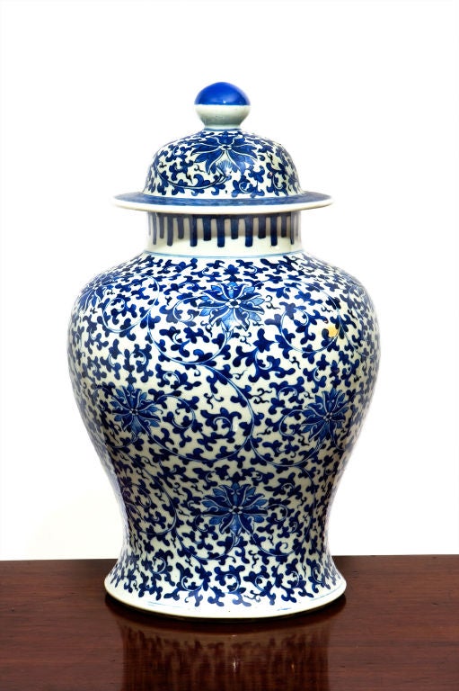 19th Century blue and white temple jar with lid