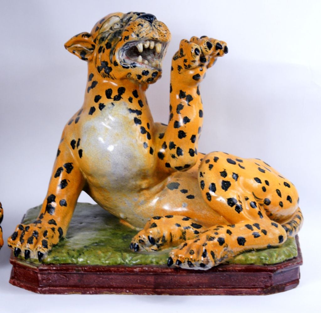 19th Century Large Pair of Italian Majolica Leopards