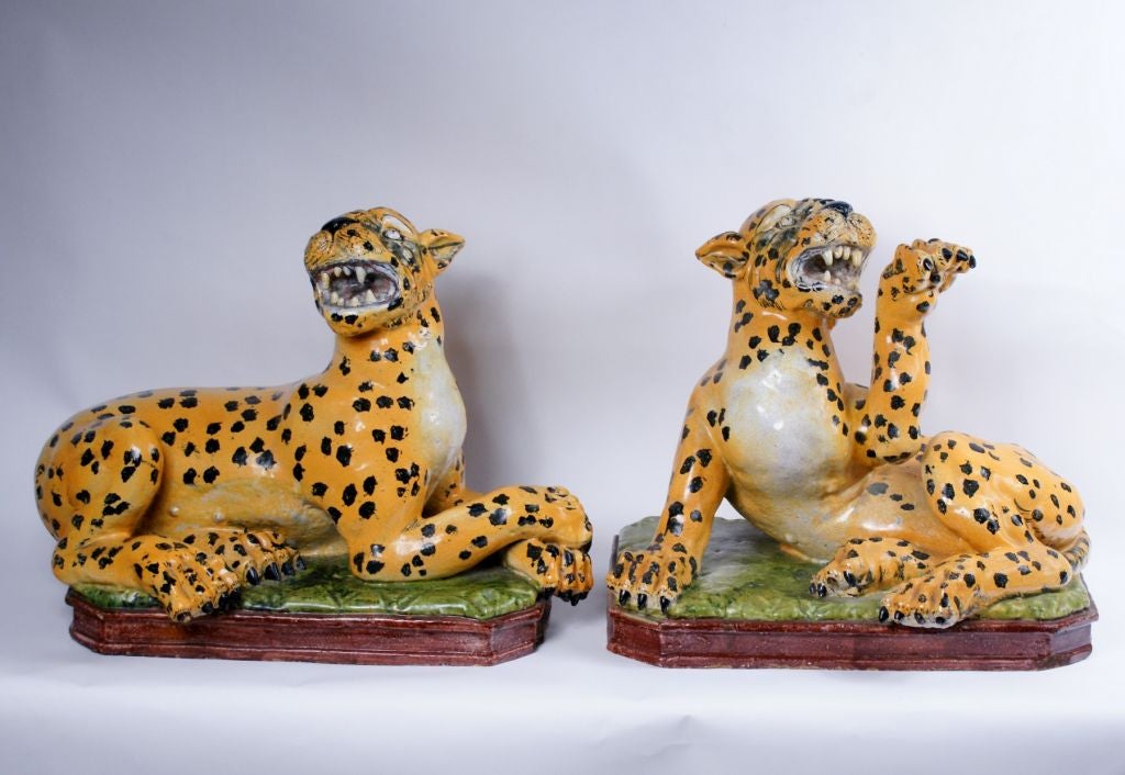 Ceramic Large Pair of Italian Majolica Leopards