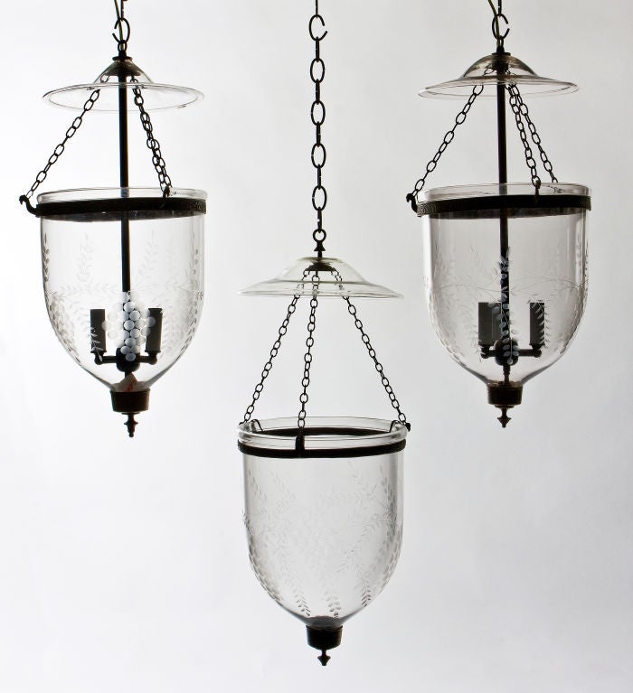 Set of Three 19th Century Angelo Indian Bell Jars with etched grapes.