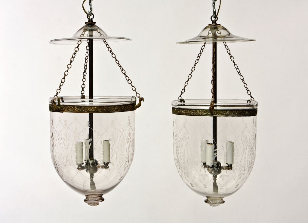 Pair of 19th Century Anglo Indian Bell Jar Lanterns with etched wheat decorations
