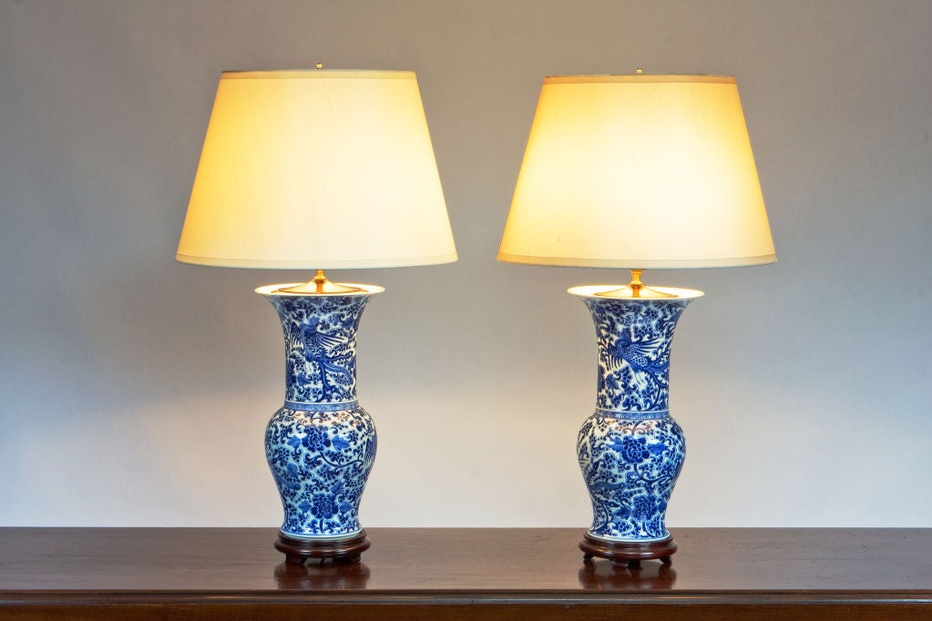 Pair of Chinese Blue and White Beaker Vases.  Made into lamps