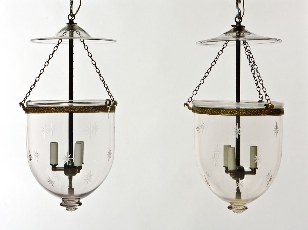 Pair of 19th Century Anglo Indian Bell Jar Lanterns with etched stars