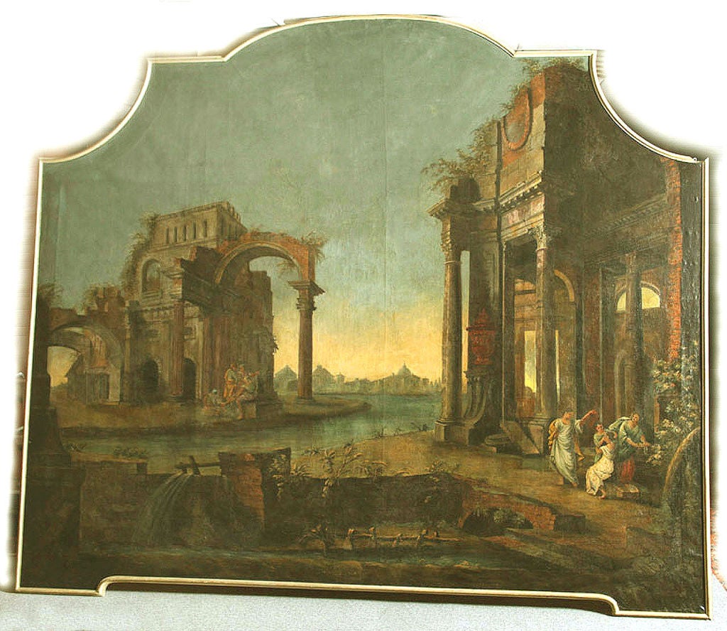 A LARGE SCALE TEMPERA ON CANVAS DEPICTING A SCENE WITH RUINED BUILDINGS SEPARATED BY A BODY OF WATER AND FIGURES, A DAM IN THE FOREGROUND AND A THE SKYLINE OF A TOWN IN THE DISTANCE, INDISTINCTLY SIGNED LOWER LEFT, IN A WHITE PAINTED WOOD FRAME.