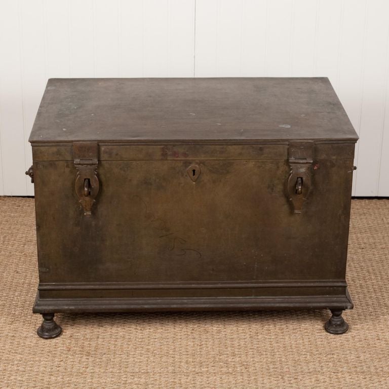 Very rare Indo-Dutch or Anglo-Indian solid brass storage trunk with two interior boxes and brass side handles. Excellent overall patina. Trunk is very heavy.