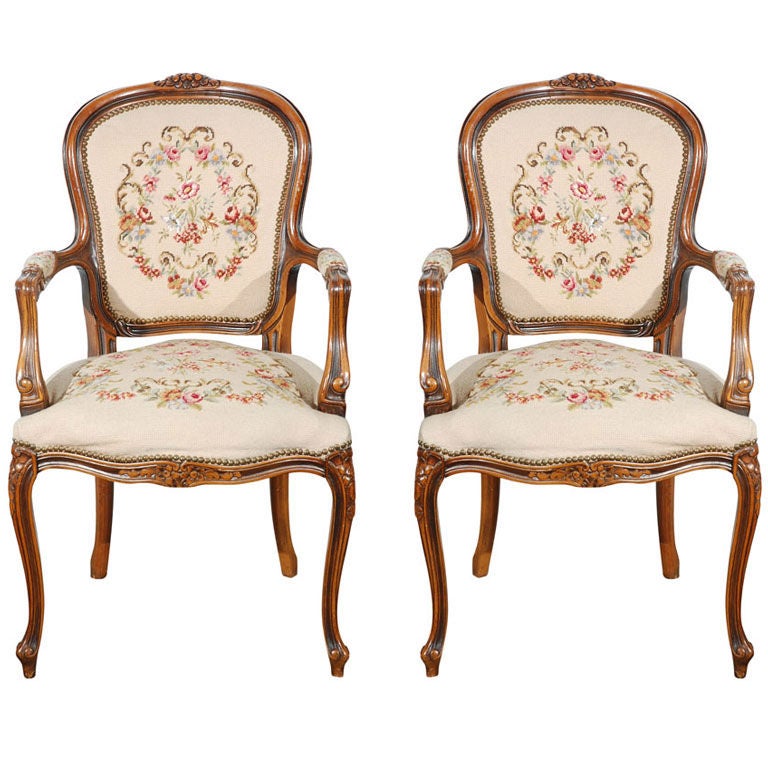 Pair of  Louis XV French Provencial Style open Armchairs