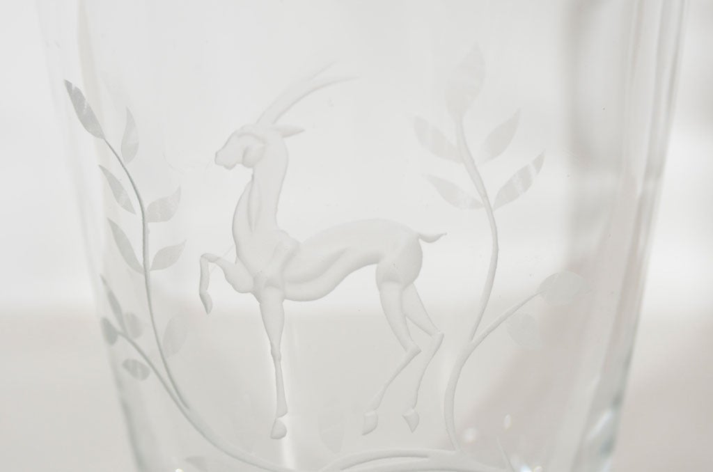 French Art Deco Crystal Vase with Stylized Etched Gazelle