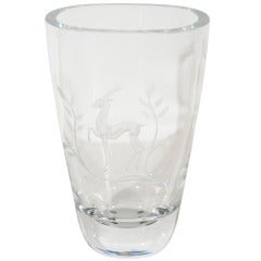 Art Deco Crystal Vase with Stylized Etched Gazelle