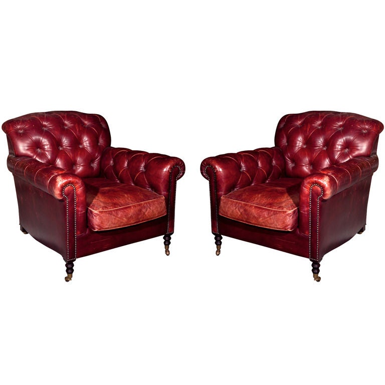 Pair of Red Leather Chesterfield Club Chairs
