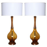 Pair of Amber Glass and Walnut Lamps