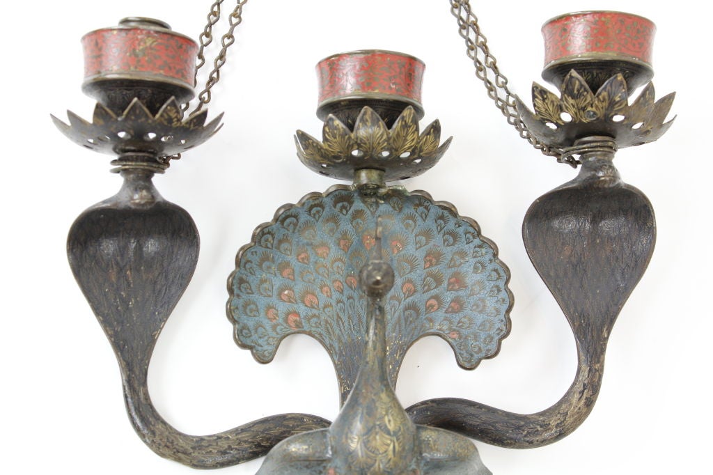 Pair of Etched and Painted Brass, Peacock and Cobra Sconces
