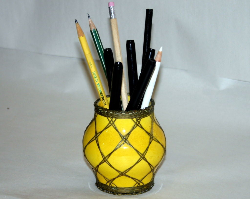 Awaji Pottery brushpot/pencil cup in sunny yellow glaze with bronze weaving. Sumoto kiln. 5