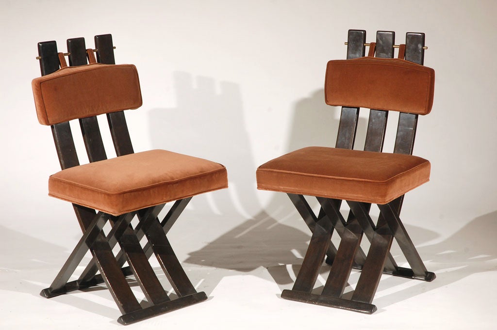 A Set of Six X-Base Dining Chairs by Harvey Probber. USA, 1960s. A rare set of X- base dining chairs with a deep brown lacquered finish and brass hardware. Upholstered in the original burnt orange velvet. A beautiful and simple 