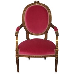 Decadent Louis XVI Giltwood Armchair in Fuschia Velvet