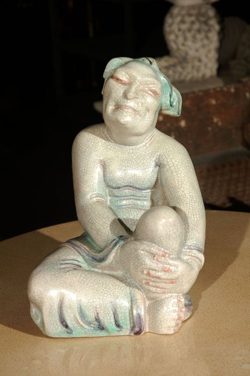 Large crackle glazed European sculpture of an Asian figure similar to a Buddha, Luohan. Most likely Royal Copenhagen.