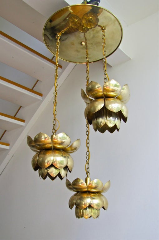 Large 3 Light Lotus Brass Chandelier In Excellent Condition In Palm Springs, CA